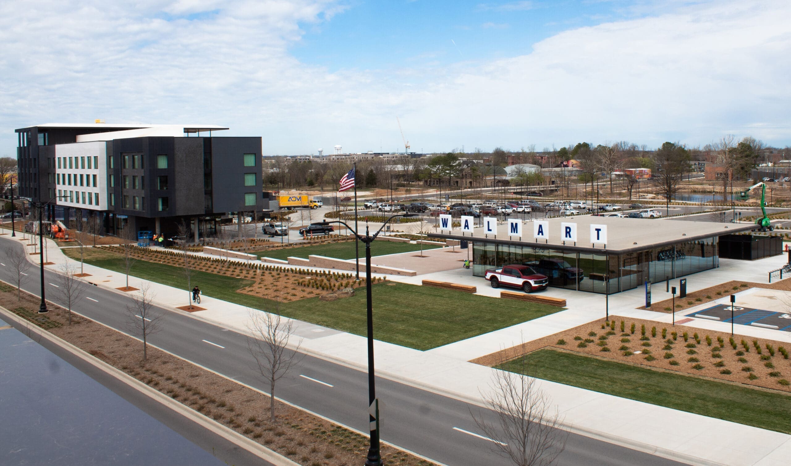 Walmart store and parking lot with a modern building and landscaped grounds