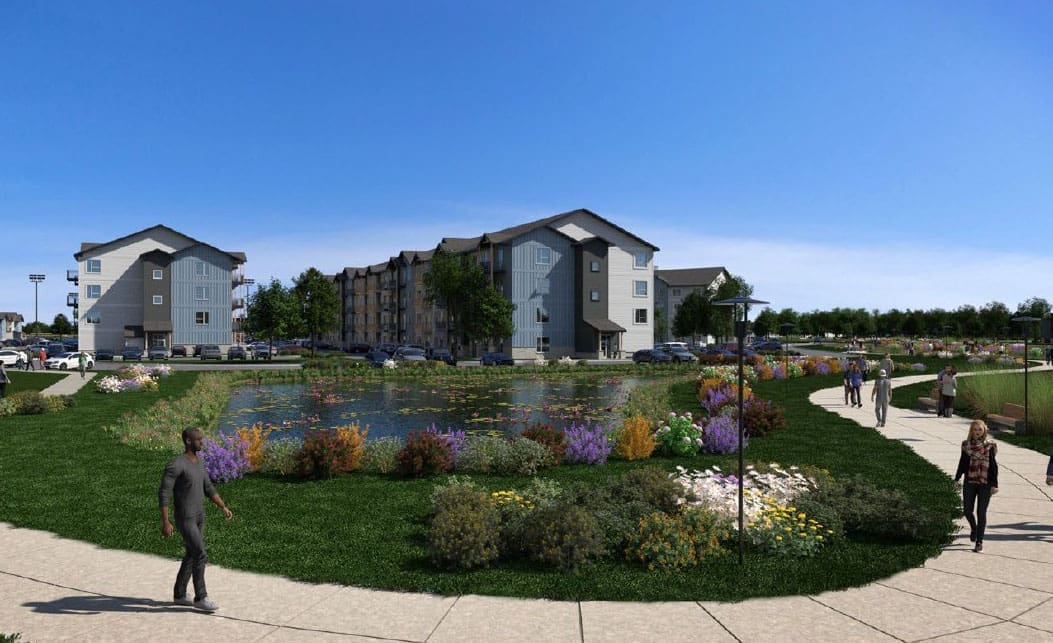 Landscape rendering of apartment buildings around a pond with walking paths and flower beds
